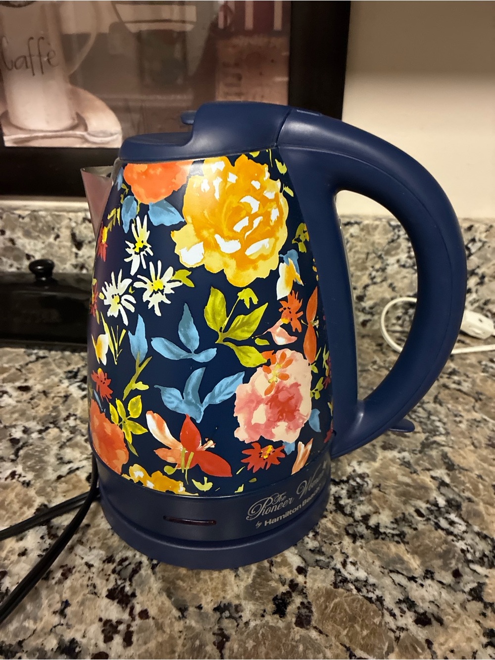 New: The Pioneer Woman Navy Floral Electric Kettle with Multicolor Blooms